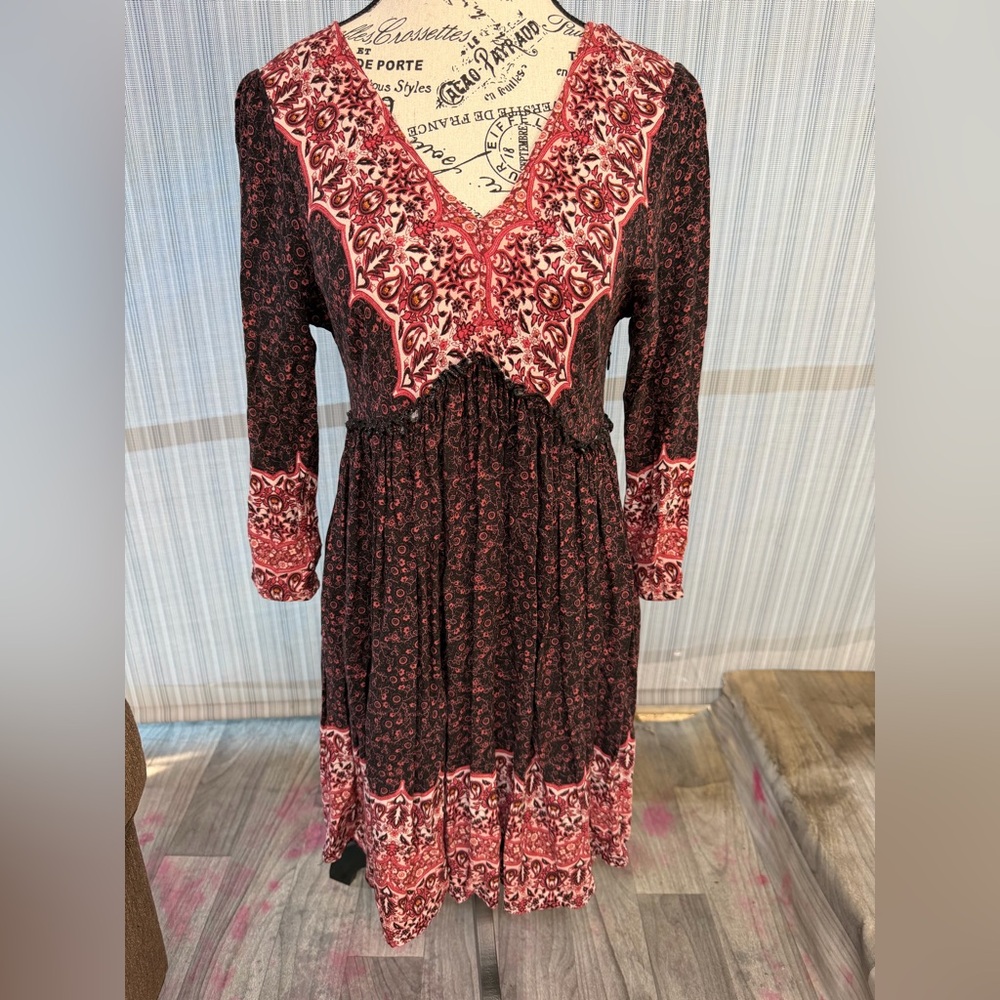 Floral Border Long-Sleeve Boho Dress in Burgundy and Pink